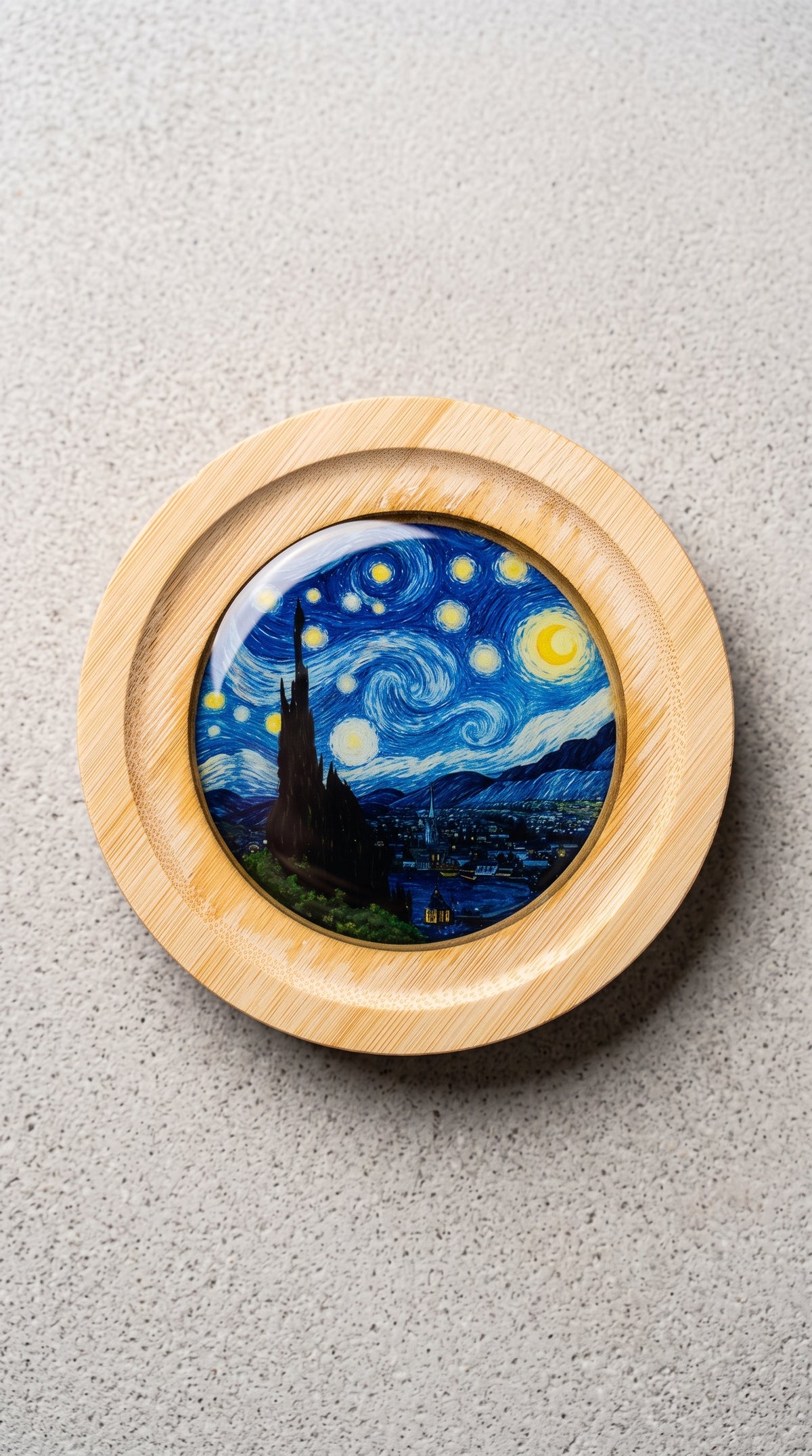 Van Gogh Temalı Epoksi Kaplama Doğal Ahşap Bardak Altlığı Seti (4'lü Set - 10 cm) | Yıldızlı Gece ve Ayçiçekleri Hediyelik Fincan Altlığı
