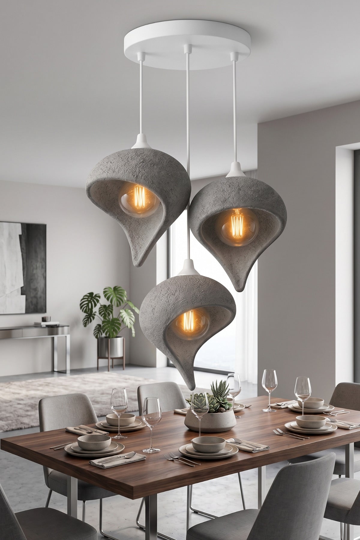 Beton Görünümlü Damla 3'lü Avize 30x22cm PLA Modern Sarkıt Ayarlanabilir Avize