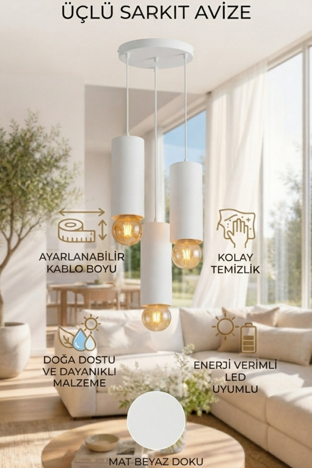 Boru Formlu Beton Görünümlü 3’lü Sarkıt Avize 22-25 cm PLA Modern Dekoratif Aydınlatma