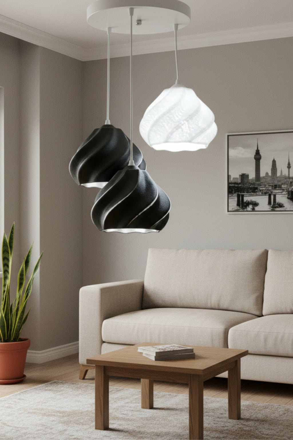 Siyah Beyaz Minimal Dalga Tasarım 3’lü Sarkıt Avize, Modern Ev Aydınlatma