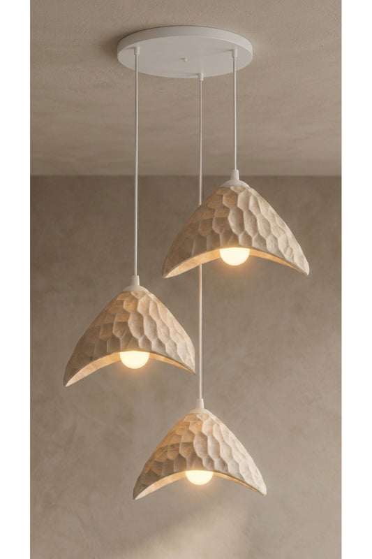 Oyma Desenli 3'lü Kademeli Sarkıt Avize 23x20 cm Ayarlanabilir Kablolu PLA Modern Salon ve Yemek Masası Aydınlatması - Bej