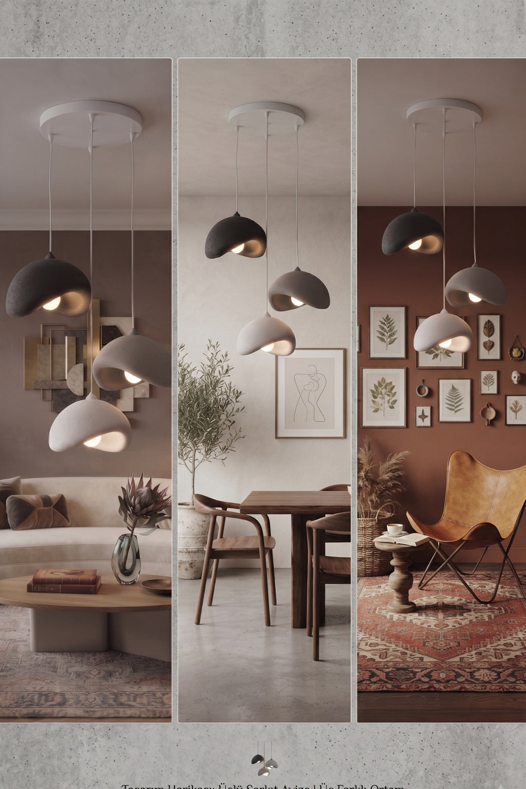 Beton Görünümlü 3’lü Sarkıt Avize Ayarlanabilir Boy PLA Modern Dekoratif Aydınlatma