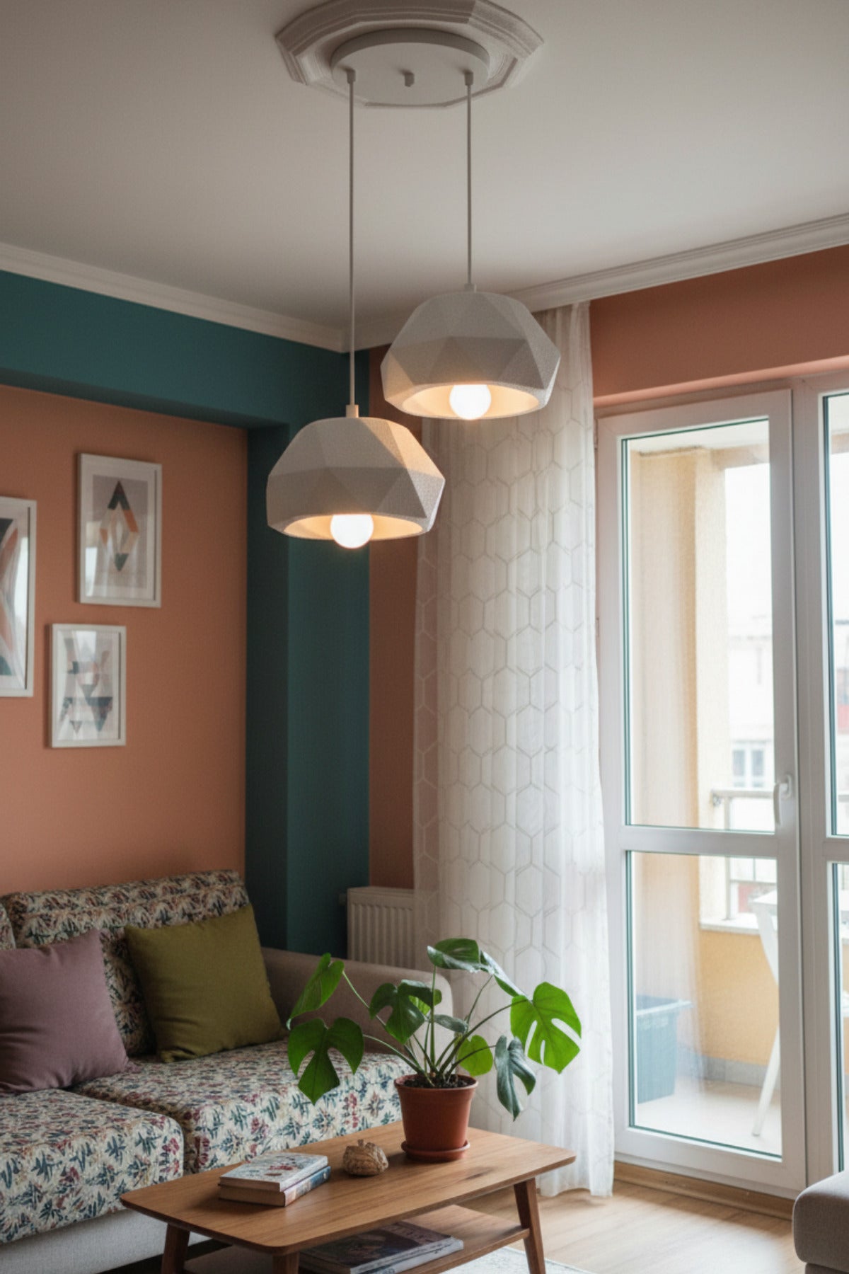 Beyaz 2 Li Geometrik Avize Salon PLA Dayanıklı Dekoratif Sarkıt Aydınlatma Ayarlanabilir Kablo