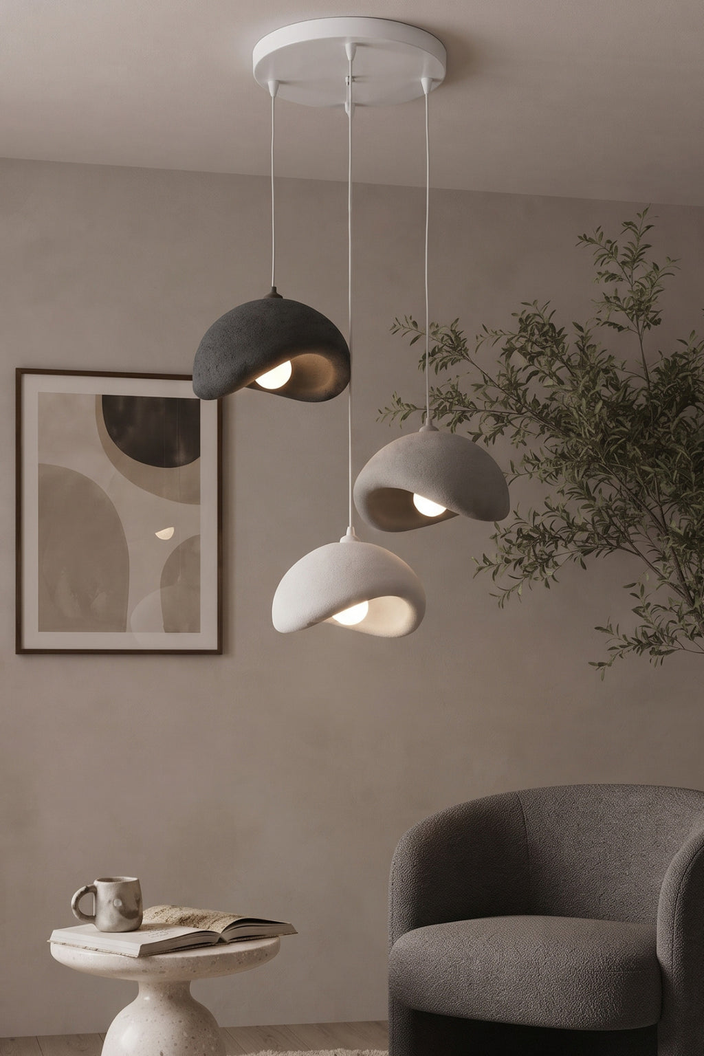 Beton Görünümlü 3’lü Sarkıt Avize Ayarlanabilir Boy PLA Modern Dekoratif Aydınlatma
