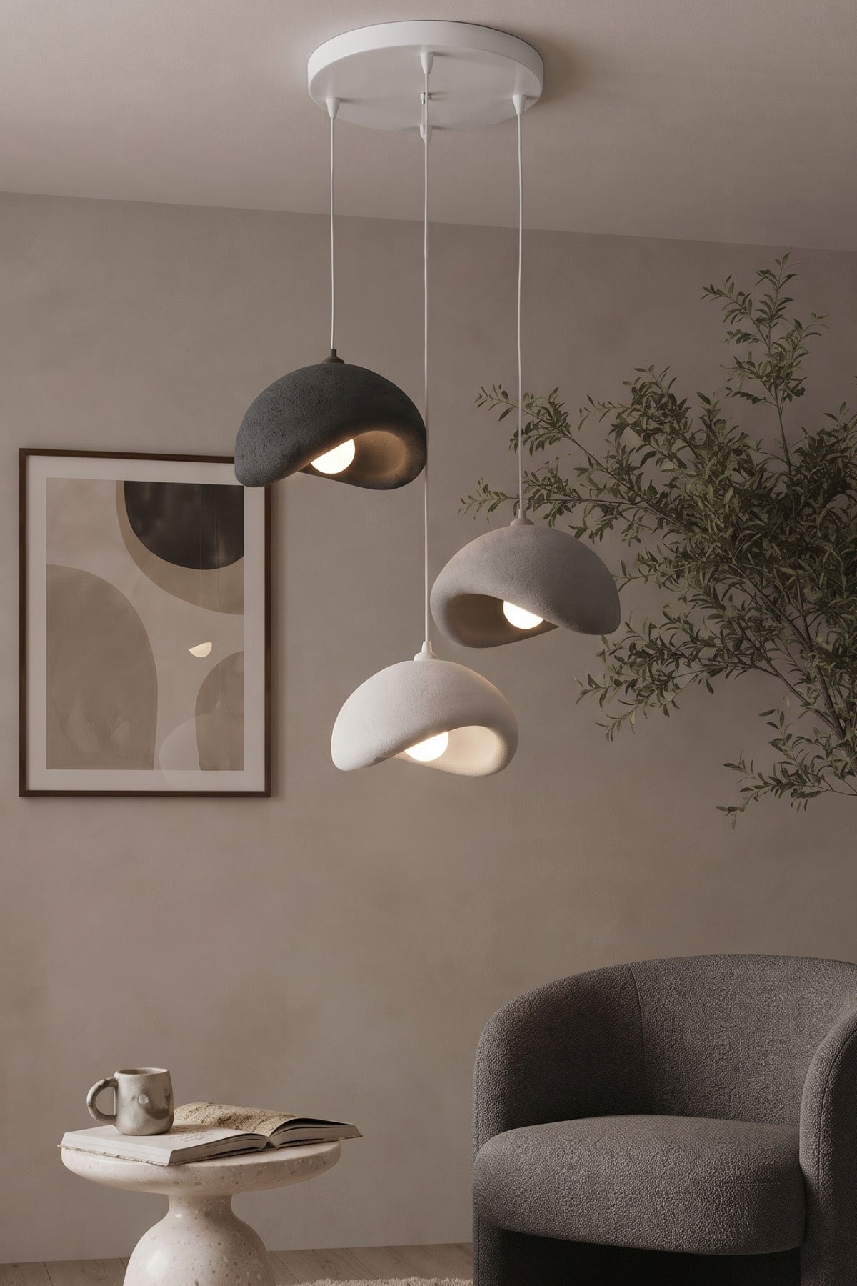 Beton Görünümlü 3’lü Sarkıt Avize Ayarlanabilir Boy PLA Modern Dekoratif Aydınlatma