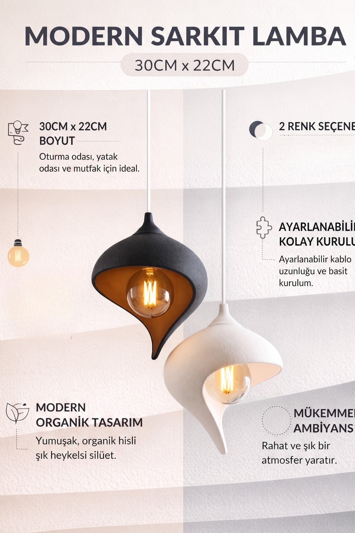 Modern Damla Formlu İkili Sarkıt Avize 30x22 cm Dekoratif Tasarım Salon ve Yatak Odası Aydınlatması