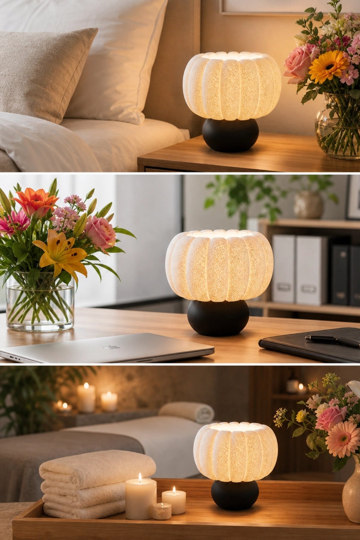 Modern Dokulu Kabak Şekilli Abajur 24cm Yükseklik 24cm Çap Siyah Tabanlı Dekoratif Ambiyans Masa Lambası