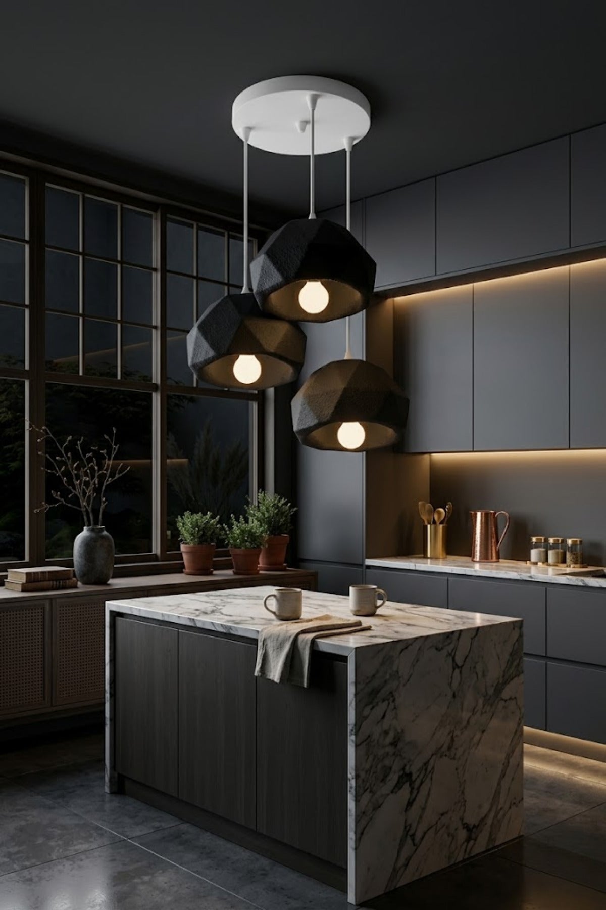 Siyah 3 Lü Geometrik Avize Salon PLA Dayanıklı Dekoratif Sarkıt Aydınlatma Ayarlanabilir Kablo