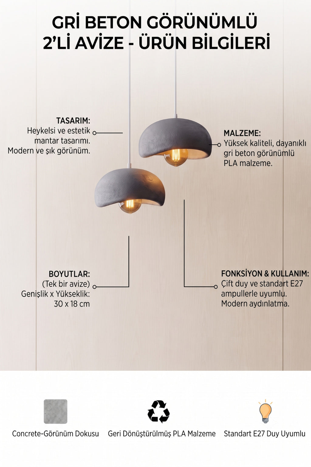 2'li Beton Görünümlü Avize 30x18 cm PLA Modern Aydınlatma ve Şık Dekoratif Sarkıt