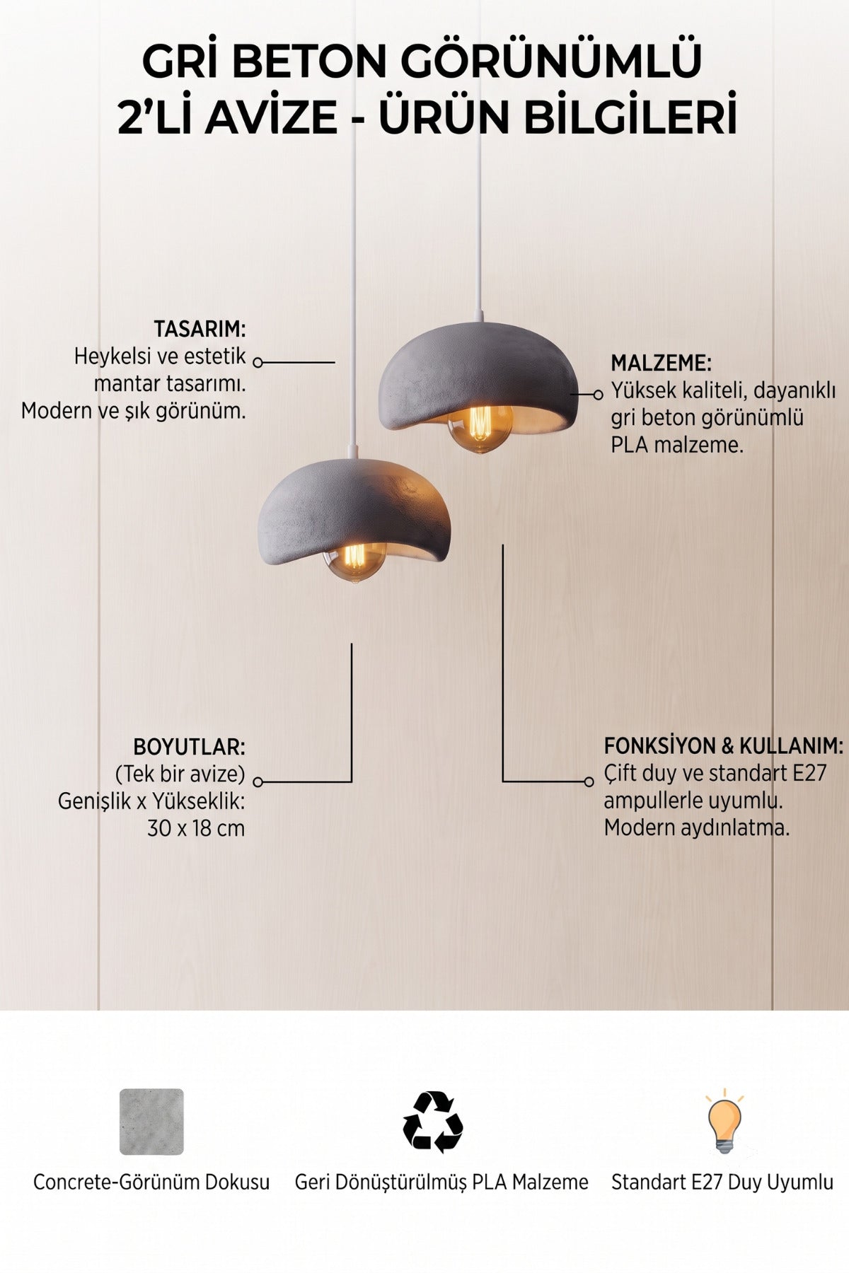 2'li Beton Görünümlü Avize 30x18 cm PLA Modern Aydınlatma ve Şık Dekoratif Sarkıt