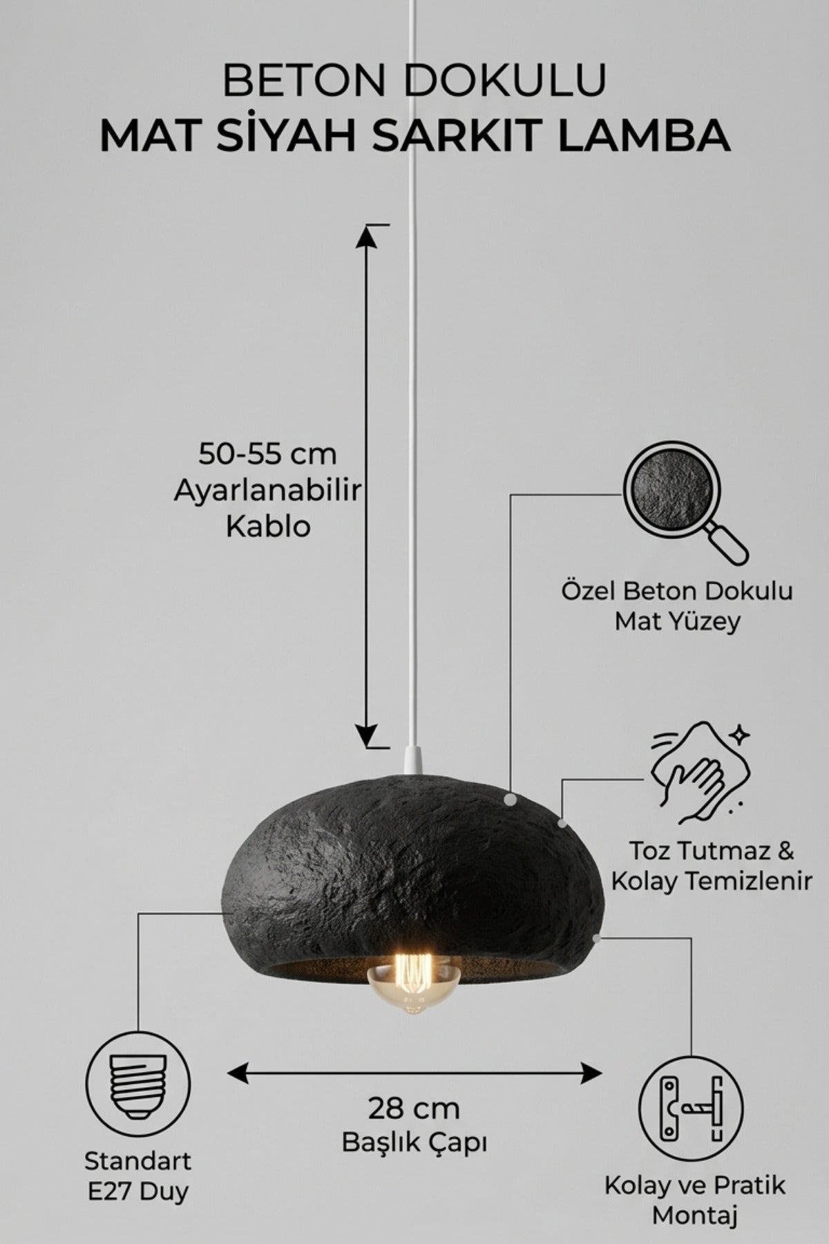 Yuvarlak Küre Tasarım Tekli Sarkıt Avize 28 cm Ayarlanabilir Kablolu Beton Dokulu Toz Tutmaz Modern Avize Salon ve Yatak Odası Aydınlatması - Görsel 16