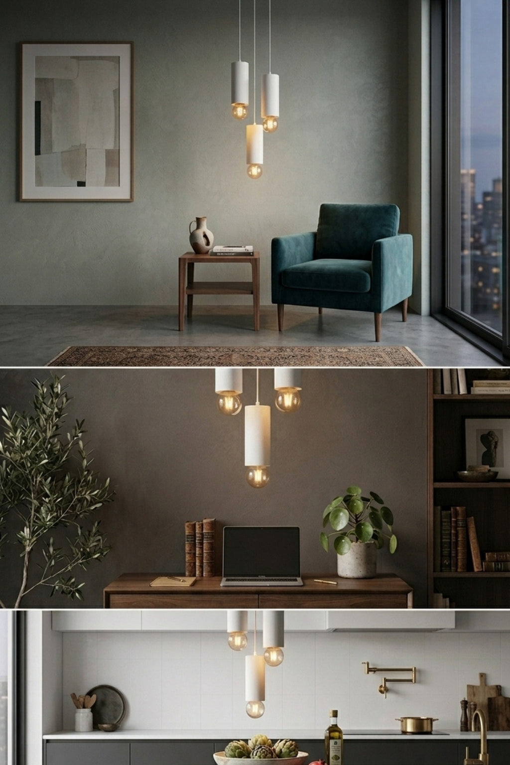 Boru Formlu Beton Görünümlü 3’lü Sarkıt Avize 22-25 cm PLA Modern Dekoratif Aydınlatma