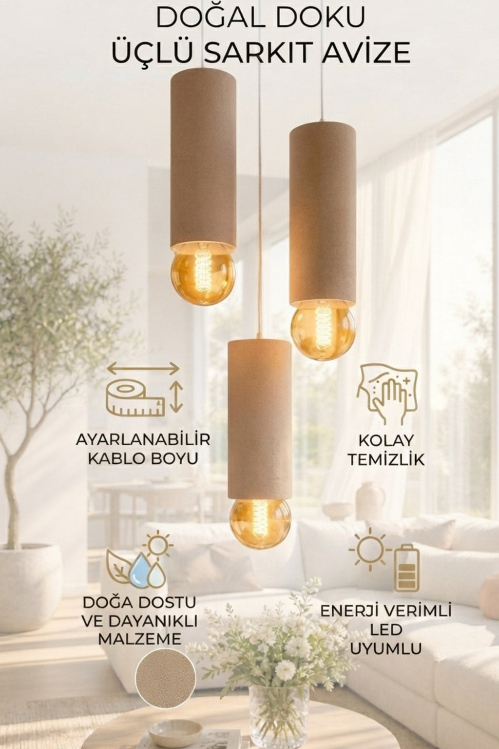 Boru Formlu Beton Görünümlü 3’lü Sarkıt Avize 22-25 cm PLA Modern Dekoratif Aydınlatma