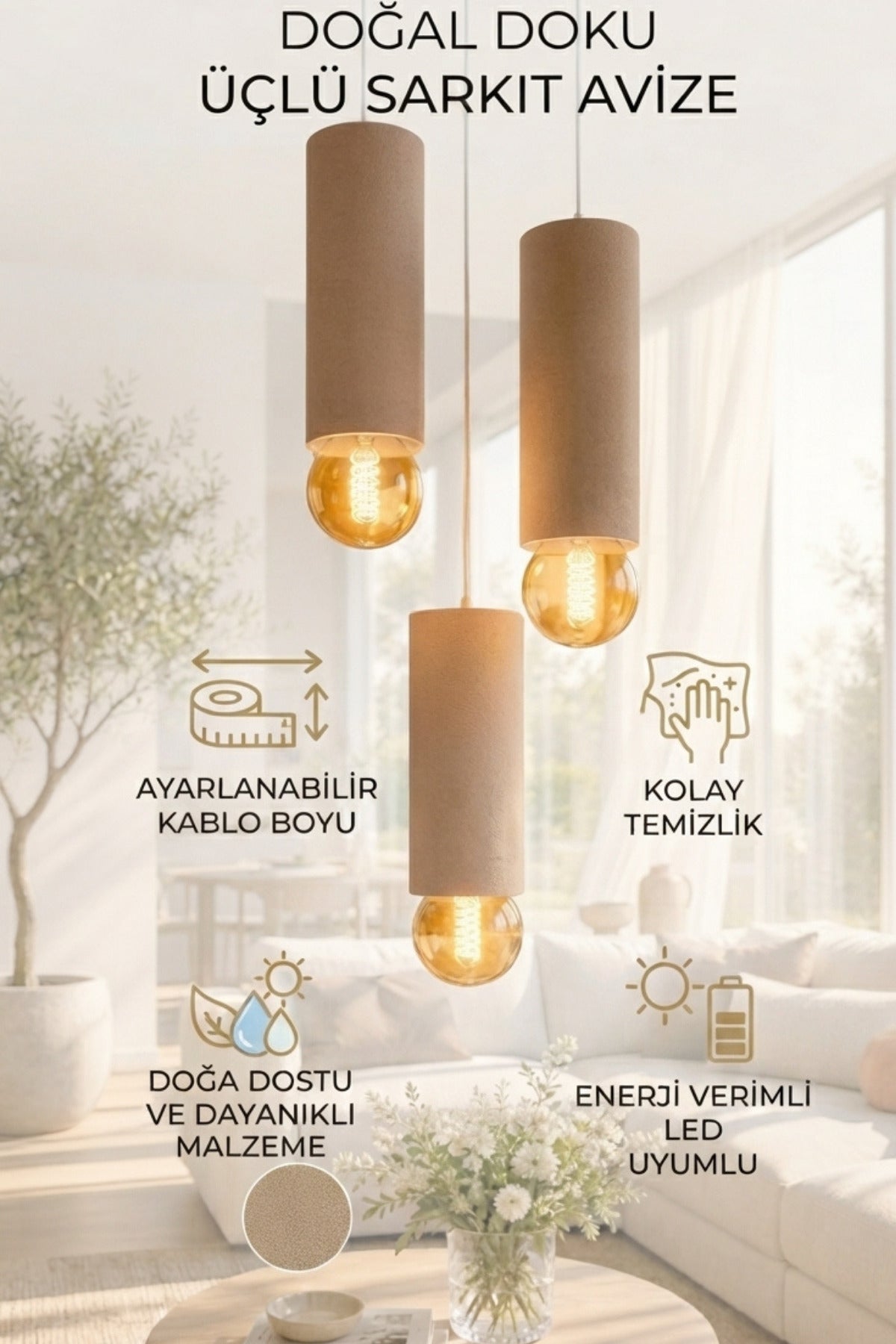 Boru Formlu Beton Görünümlü 3’lü Sarkıt Avize 22-25 cm PLA Modern Dekoratif Aydınlatma