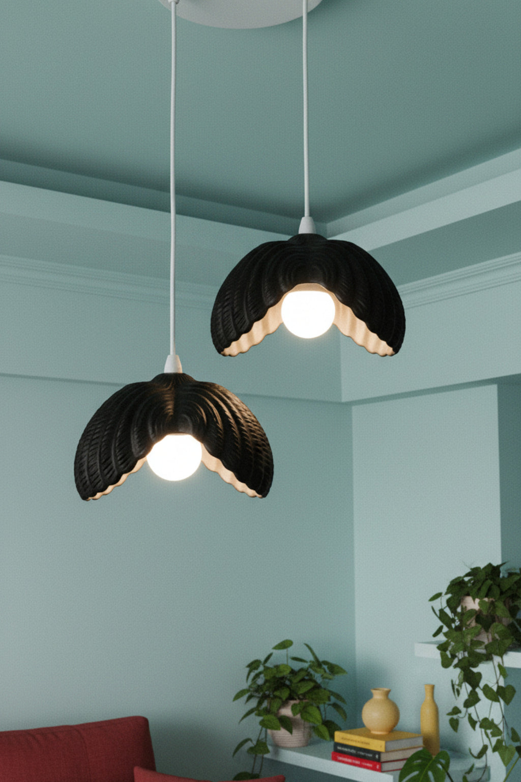 Siyah 2 Li Lotus Formlu Modern Sarkıt Avize, Siyah Dekoratif Tavan Aydınlatma PLA