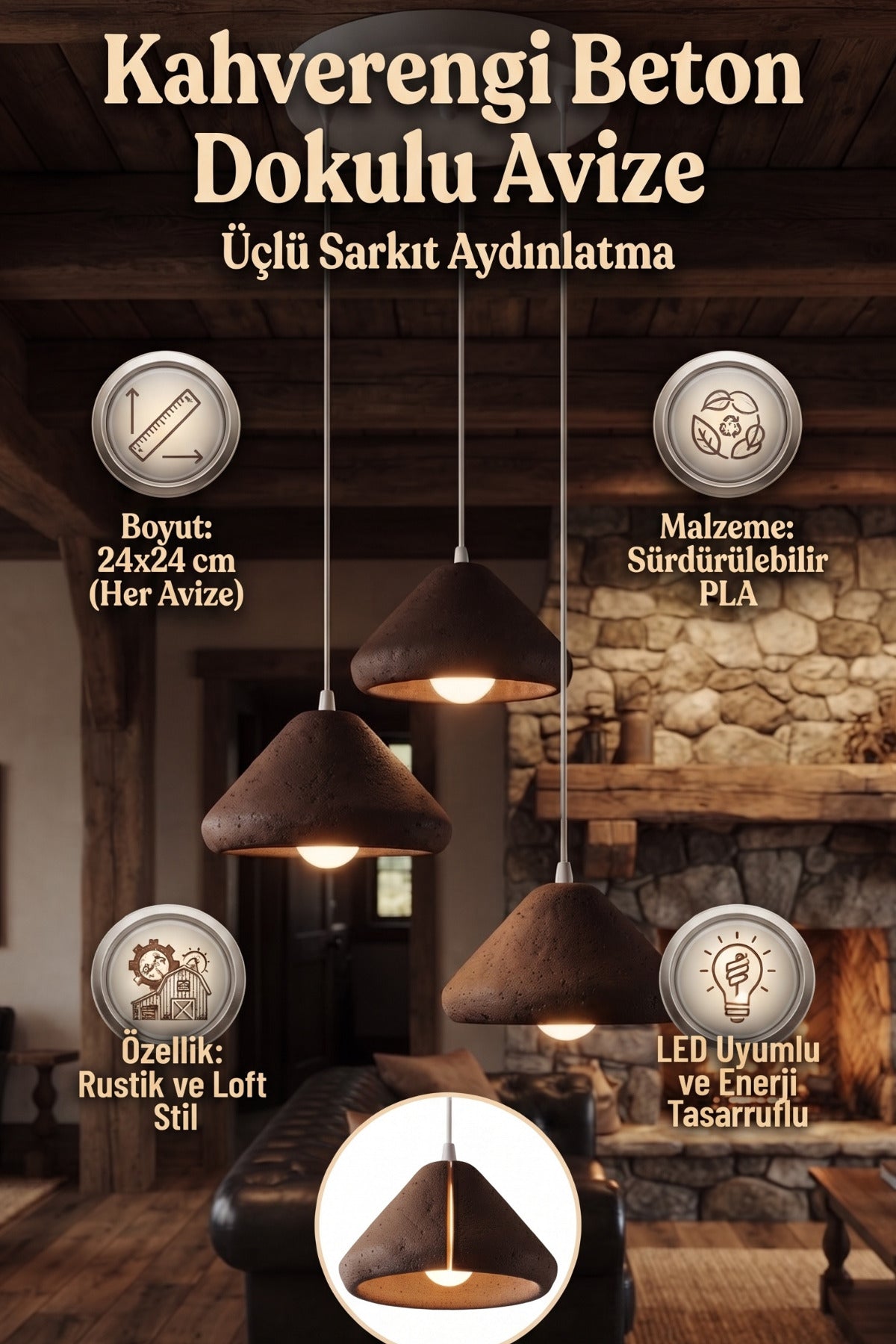 Mantar Başlıklı 3'lü Sarkıt Avize 24 x 24 Modern Tasarım Salon ve Mutfak Aydınlatma Dekoratif Sarkıt Lamba
