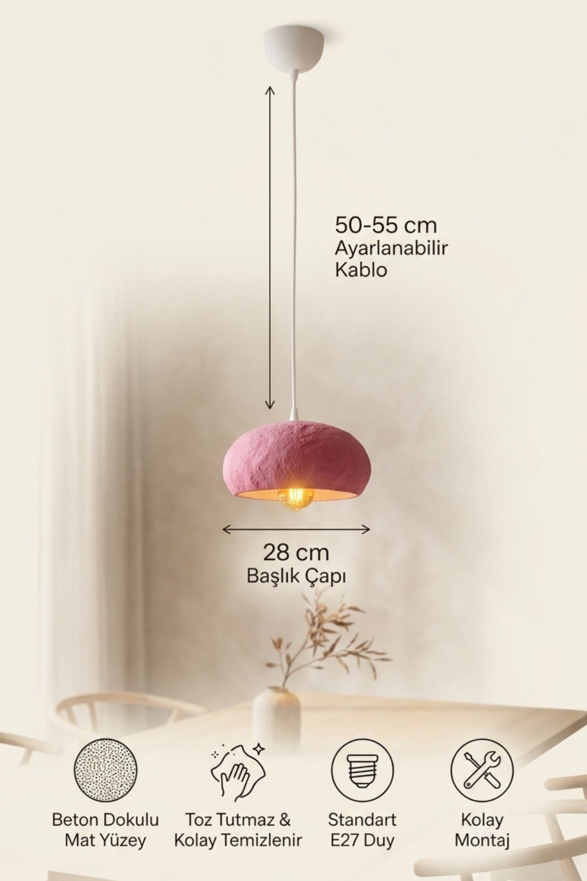Yuvarlak Küre Tasarım Tekli Sarkıt Avize 28 cm Ayarlanabilir Kablolu Beton Dokulu Toz Tutmaz Modern Avize Salon ve Yatak Odası Aydınlatması - Görsel 19