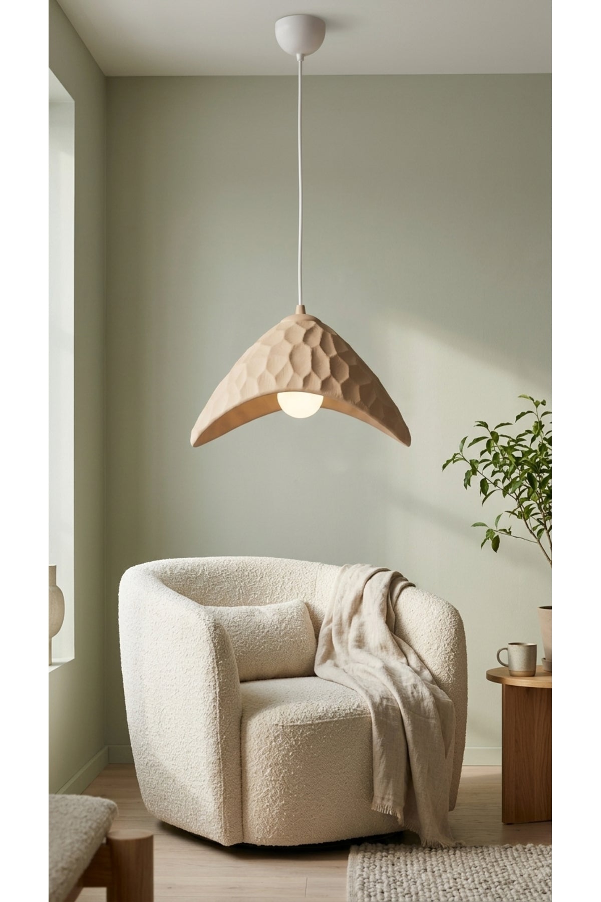 Oyma Desenli Tekli Sarkıt Avize 23x20 cm Ayarlanabilir Kablolu PLA Mutfak Adası ve Salon Aydınlatması - Bej