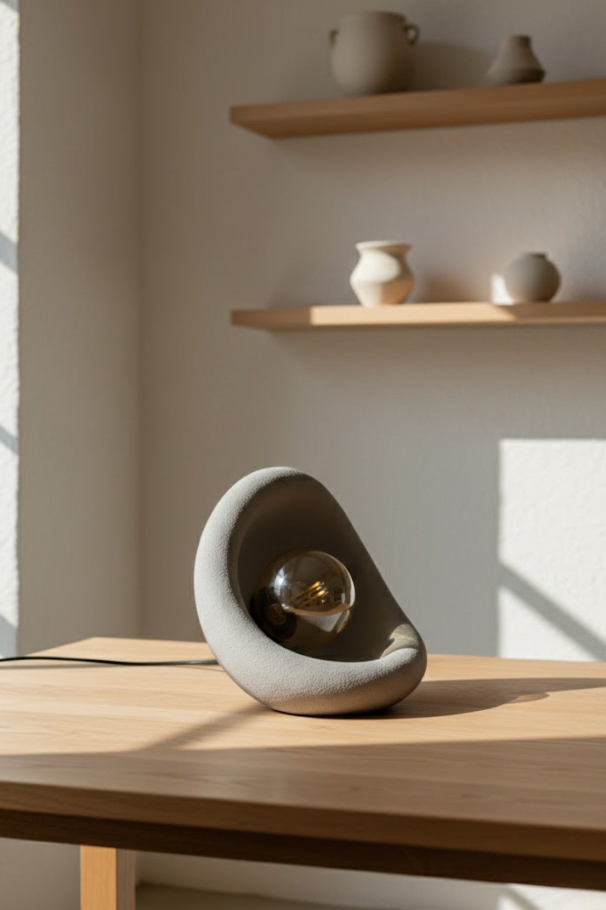 Modern Beton Dokulu Abajur | Organik Oval Gece Lambası (Masaüstü Komodin Lambası) 25 Cm