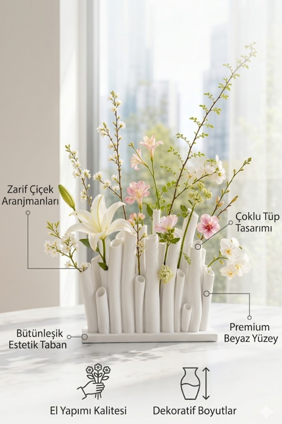 Beyaz Modern Geniş Çoklu Boru Tasarımlı Dekoratif Vazo 20x9x18cm Şık Çiçeklik Ev Ofis Dekorasyonu