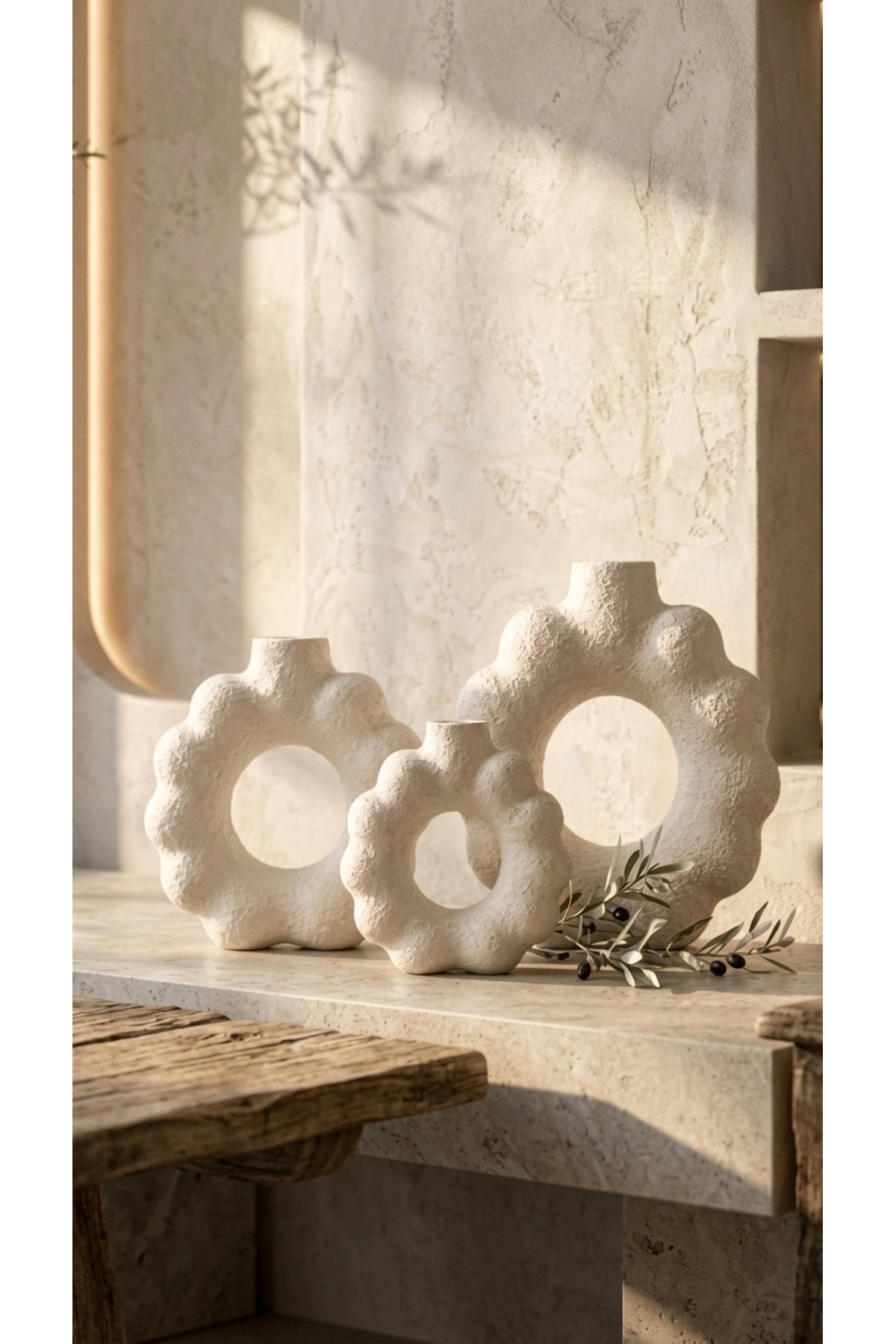 Dalgalı Donut Tasarım 3'lü Dekoratif Vazo Seti 10-15-19 cm PLA Bio-Plastik Kuru Çiçeklik ve Modern Masa Konsol Dekoru - Görsel 6