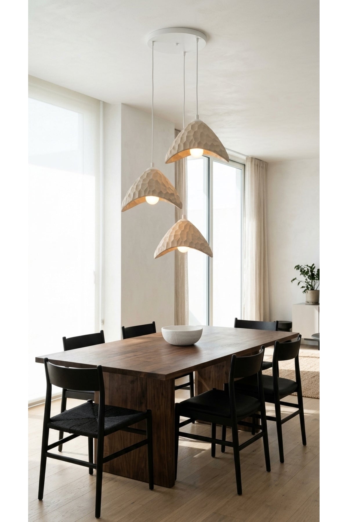 Oyma Desenli 3'lü Kademeli Sarkıt Avize 23x20 cm Ayarlanabilir Kablolu PLA Modern Salon ve Yemek Masası Aydınlatması - Bej