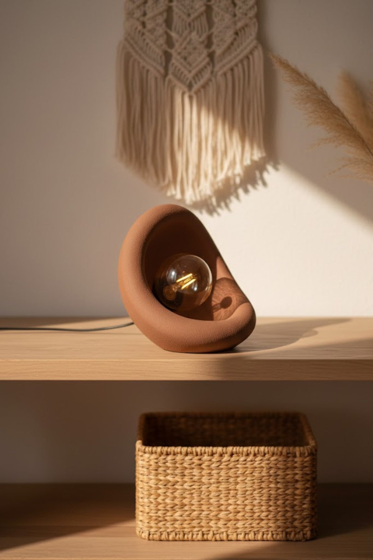 Modern Beton Dokulu Abajur | Organik Oval Gece Lambası (Masaüstü Komodin Lambası) 25 Cm
