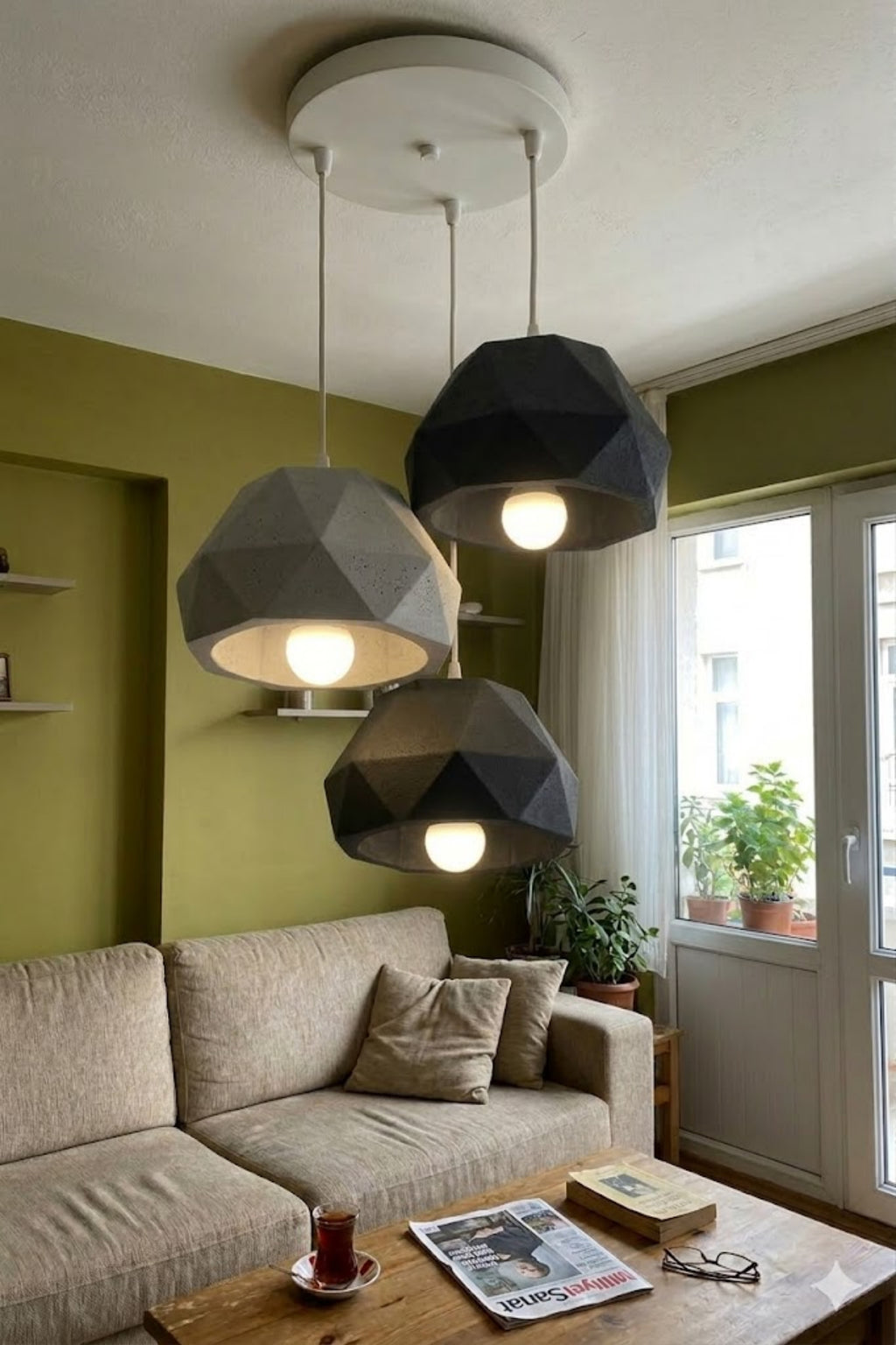 Siyah & Gri 3 Lü Geometrik Avize Salon PLA Dayanıklı Dekoratif Sarkıt Aydınlatma Ayarlanabilir Kablo
