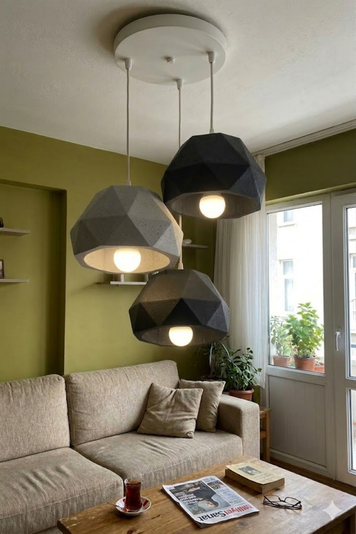 Siyah & Gri 3 Lü Geometrik Avize Salon PLA Dayanıklı Dekoratif Sarkıt Aydınlatma Ayarlanabilir Kablo