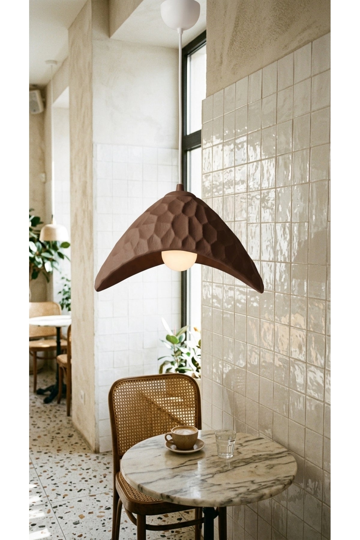 Oyma Desenli Tekli Sarkıt Avize 23x20 cm Ayarlanabilir Kablolu PLA Mutfak Adası ve Salon Aydınlatması - Kahverengi