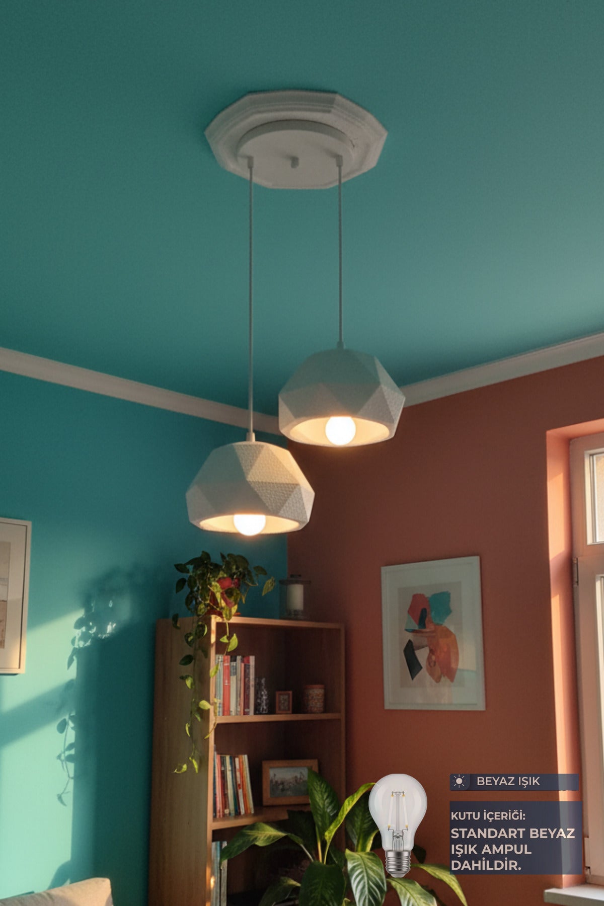 Beyaz 2 Li Geometrik Avize Salon PLA Dayanıklı Dekoratif Sarkıt Aydınlatma Ayarlanabilir Kablo