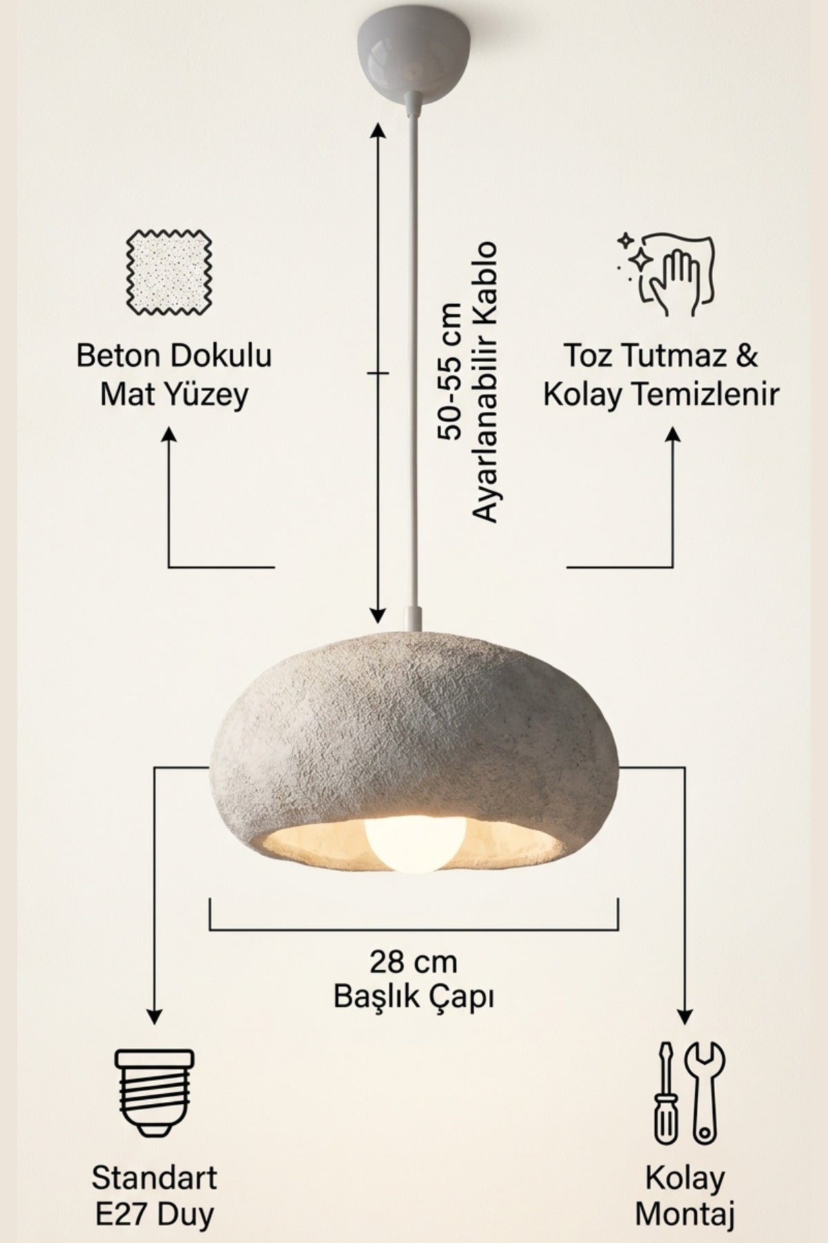 Yuvarlak Küre Tasarım Tekli Sarkıt Avize 28 cm Ayarlanabilir Kablolu Beton Dokulu Toz Tutmaz Modern Avize Salon ve Yatak Odası Aydınlatması - Görsel 9