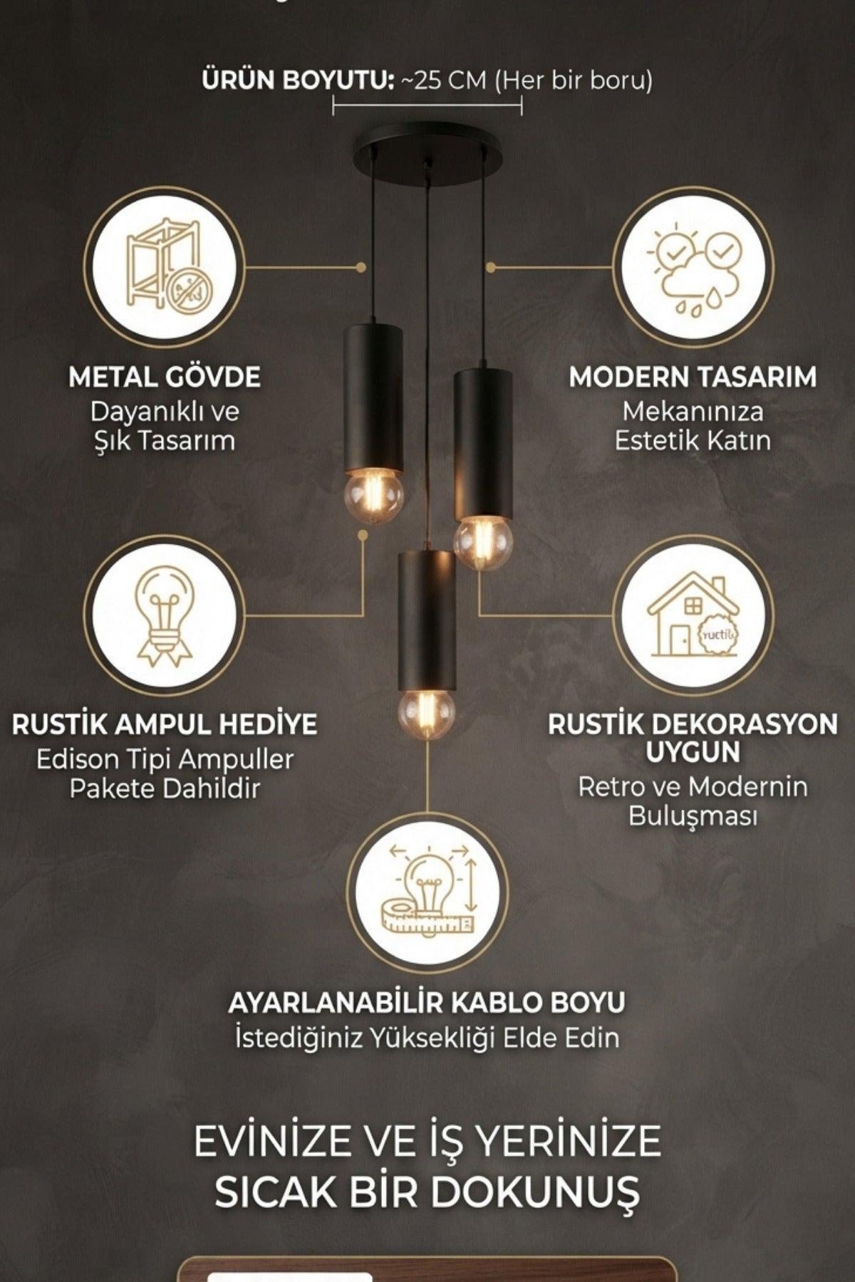 Boru Formlu Beton Görünümlü 3’lü Sarkıt Avize 22-25 cm PLA Modern Dekoratif Aydınlatma