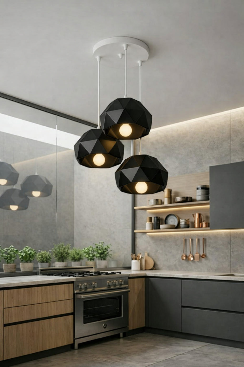 Siyah 3 Lü Geometrik Avize Salon PLA Dayanıklı Dekoratif Sarkıt Aydınlatma Ayarlanabilir Kablo