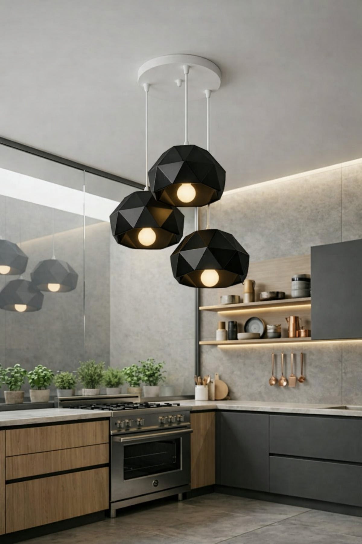 Siyah 3 Lü Geometrik Avize Salon PLA Dayanıklı Dekoratif Sarkıt Aydınlatma Ayarlanabilir Kablo