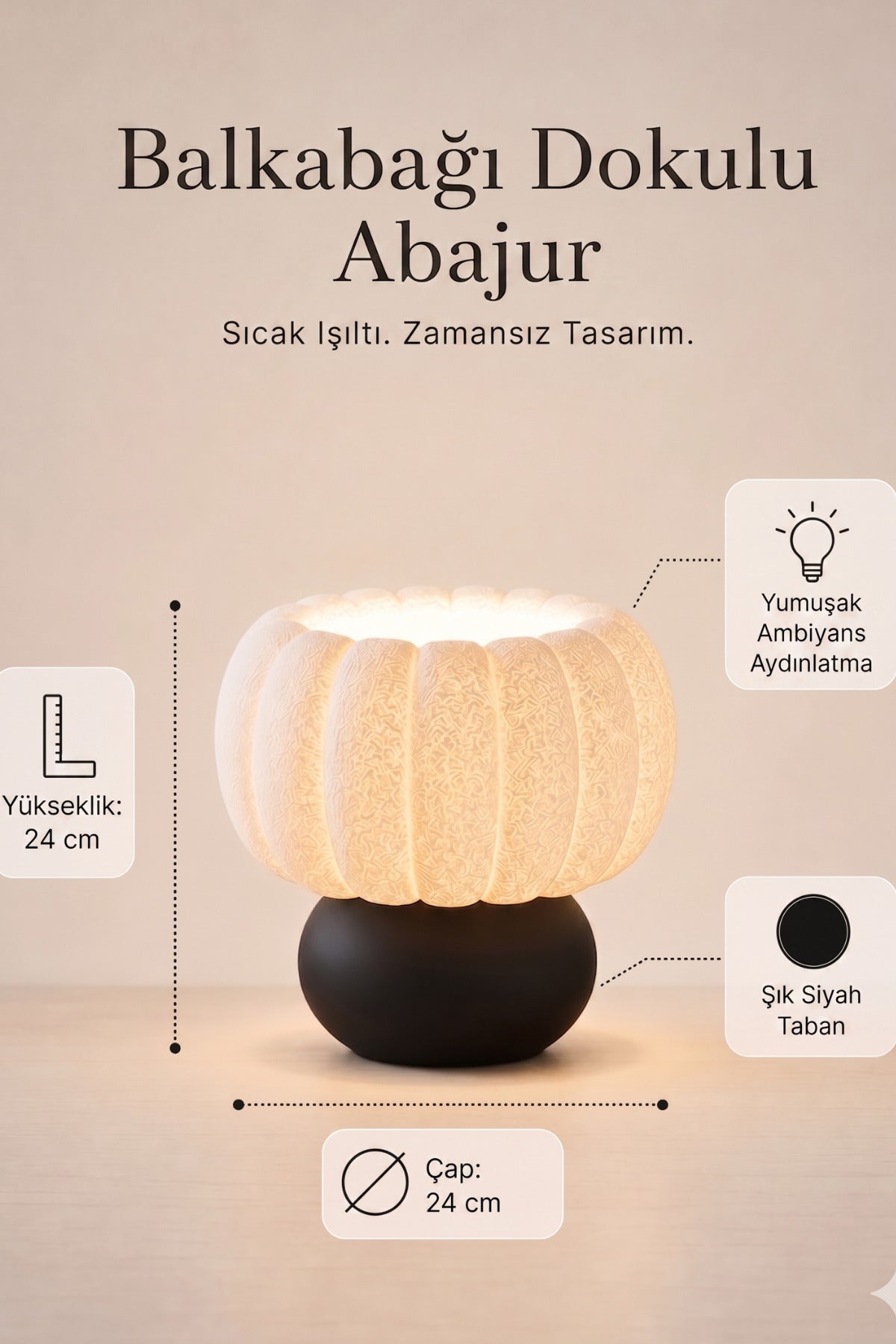 Modern Dokulu Kabak Şekilli Abajur 24cm Yükseklik 24cm Çap Siyah Tabanlı Dekoratif Ambiyans Masa Lambası