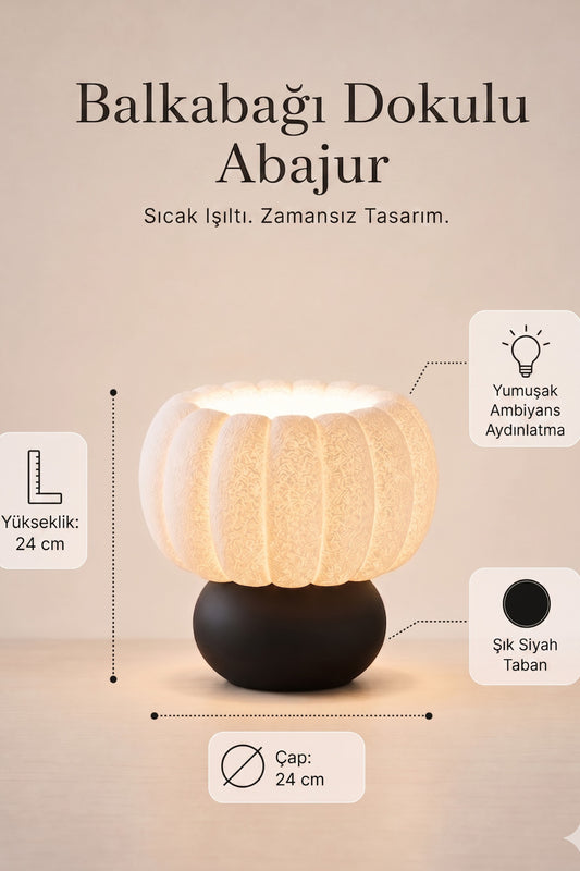 Modern Dokulu Kabak Şekilli Abajur 24cm Yükseklik 24cm Çap Siyah Tabanlı Dekoratif Ambiyans Masa Lambası