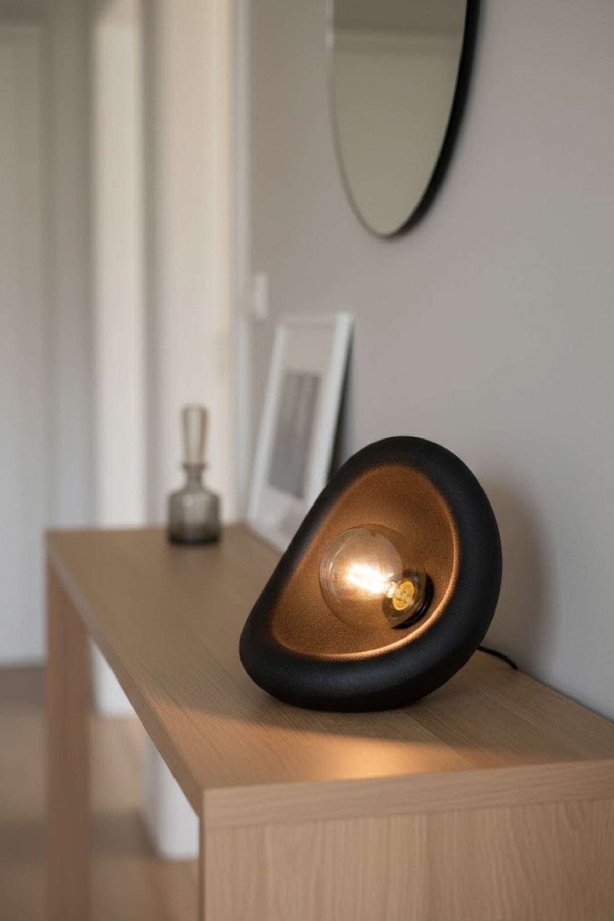 Modern Beton Dokulu Abajur | Organik Oval Gece Lambası (Masaüstü Komodin Lambası) 25 Cm