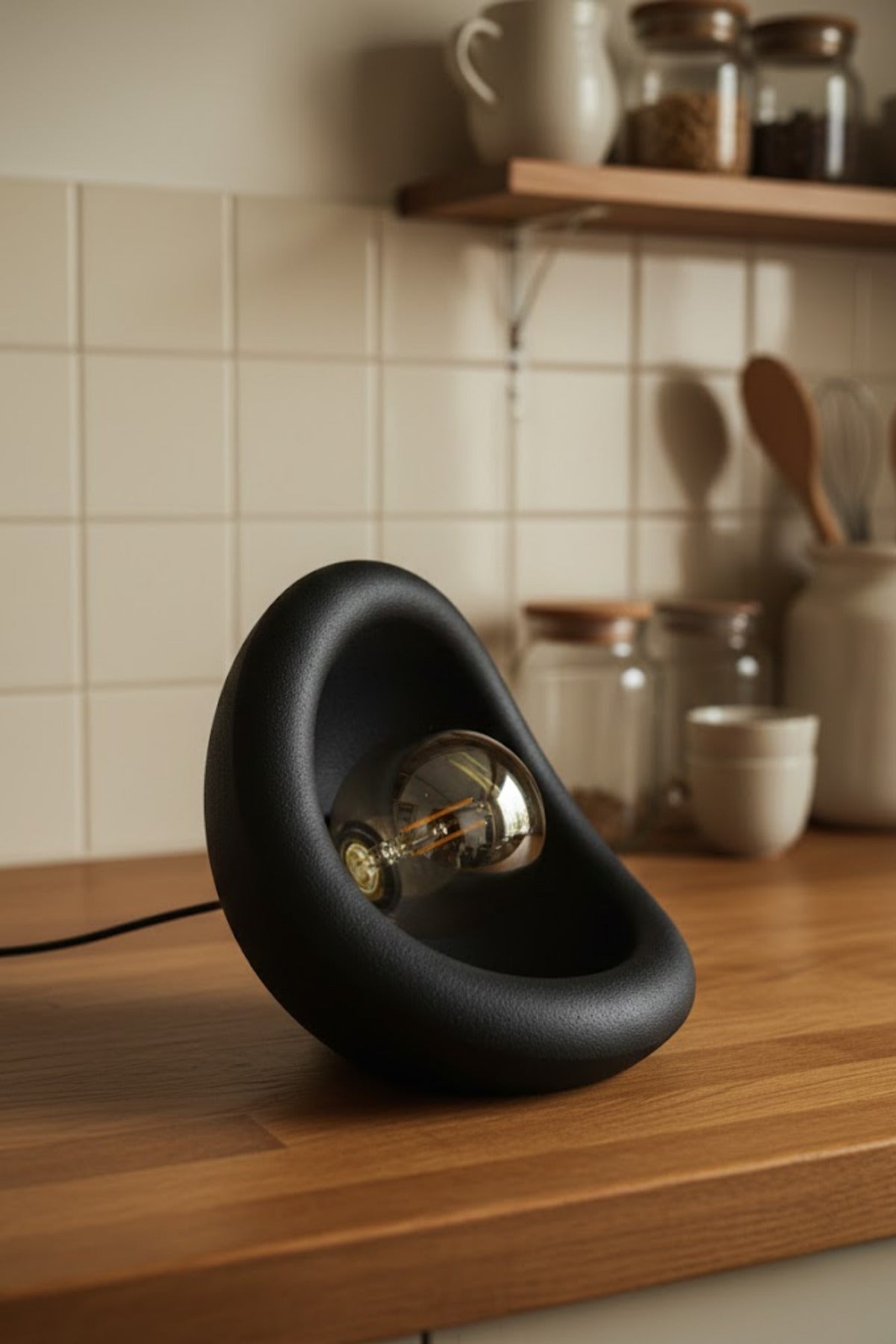 Modern Beton Dokulu Abajur | Organik Oval Gece Lambası (Masaüstü Komodin Lambası) 25 Cm