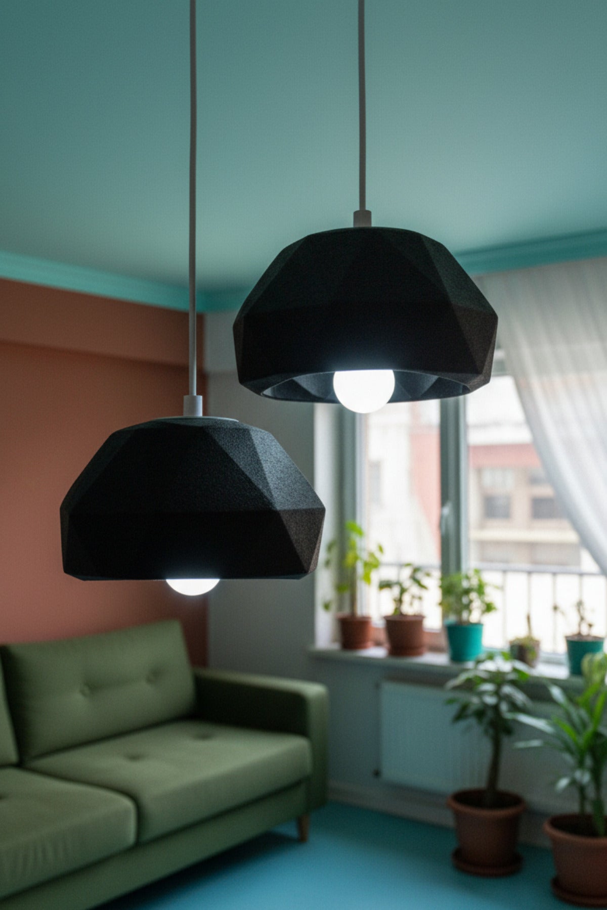Siyah 2 Li Geometrik Avize Salon PLA Dayanıklı Dekoratif Sarkıt Aydınlatma Ayarlanabilir Kablo