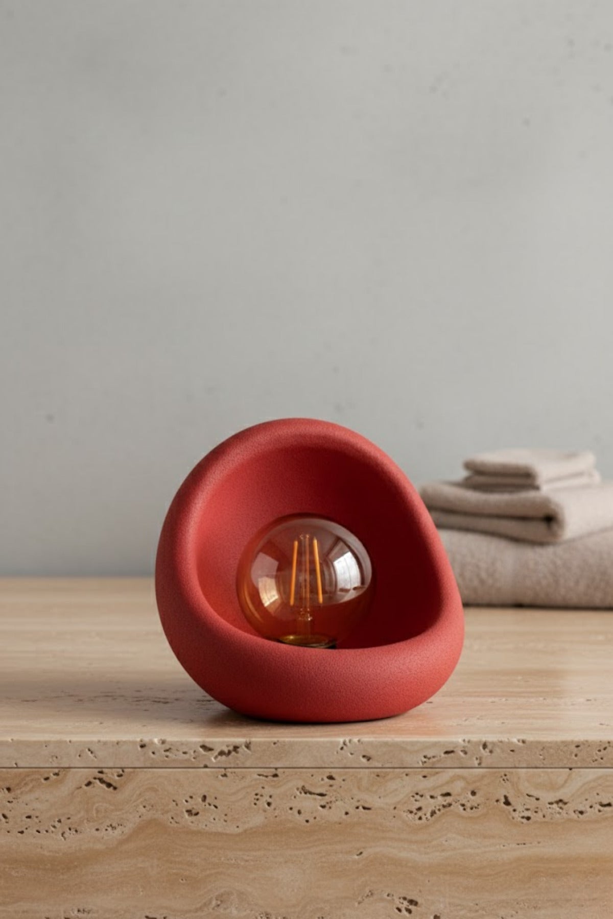 Modern Beton Dokulu Abajur | Organik Oval Gece Lambası (Masaüstü Komodin Lambası) 25 Cm