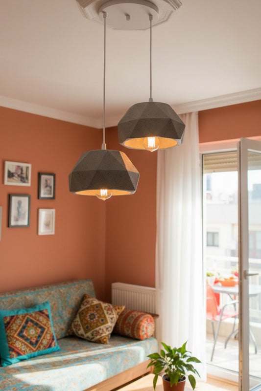 Gri 2 Li Geometrik Avize Salon PLA Dayanıklı Dekoratif Sarkıt Aydınlatma Ayarlanabilir Kablo