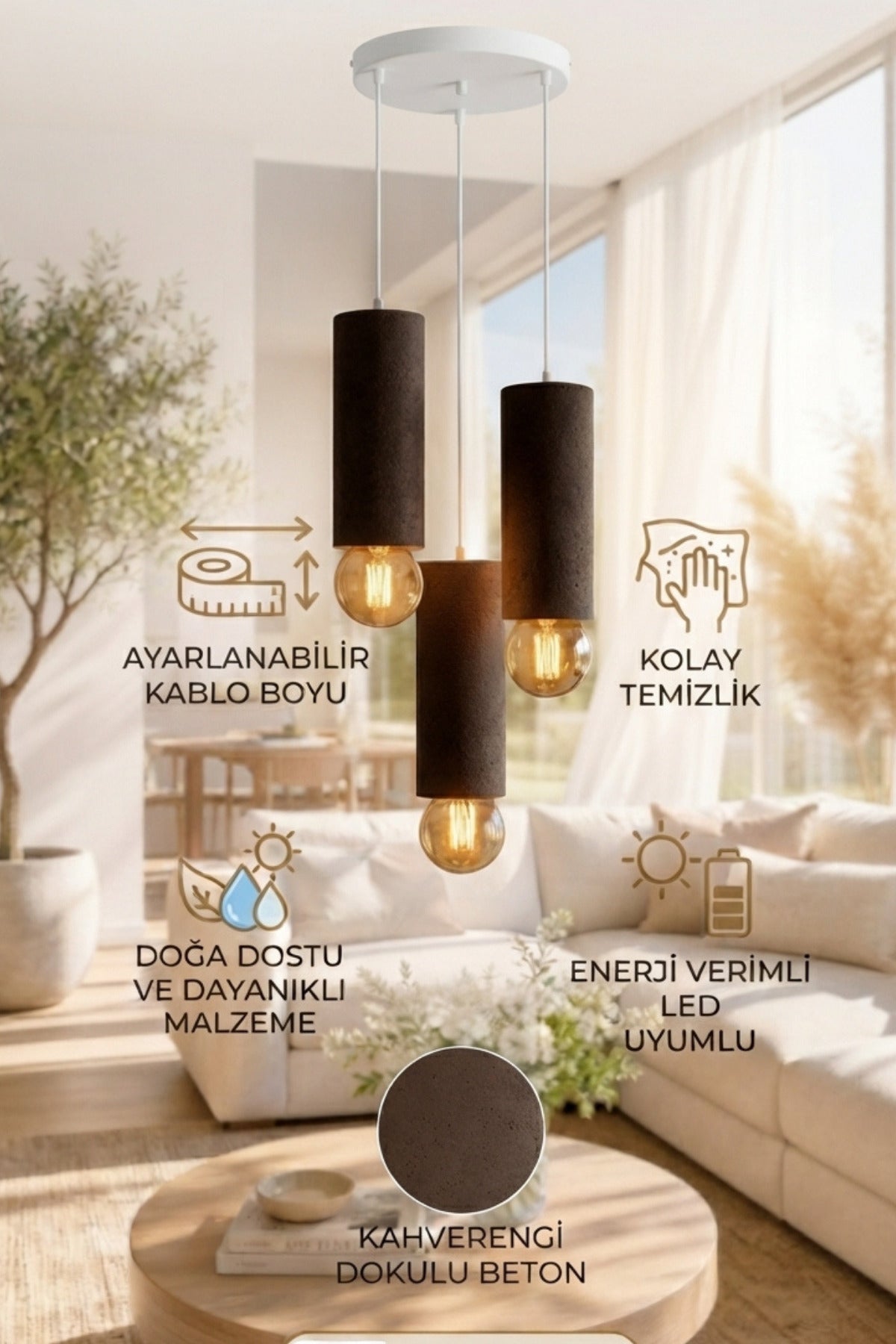Boru Formlu Beton Görünümlü 3’lü Sarkıt Avize 22-25 cm PLA Modern Dekoratif Aydınlatma