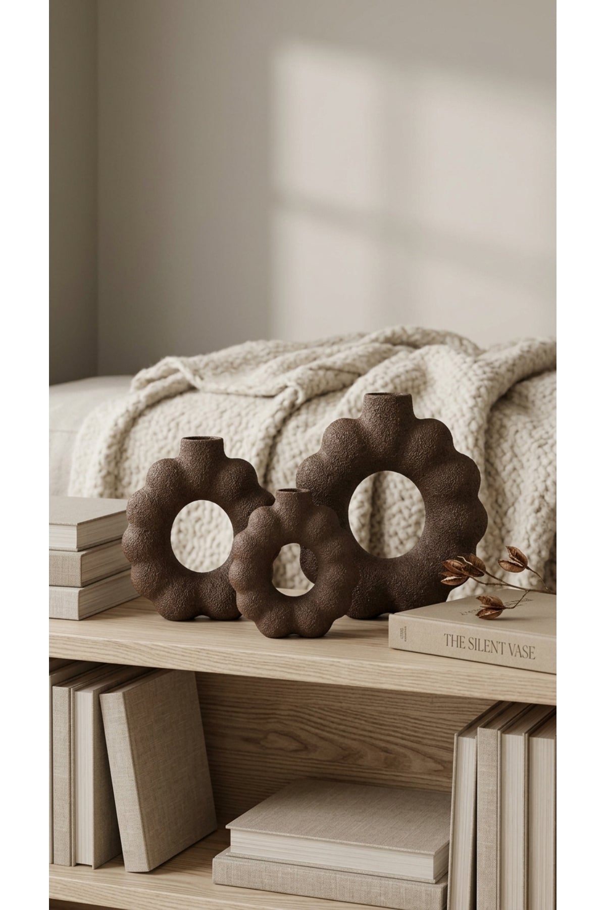 Dalgalı Donut Tasarım 3'lü Dekoratif Vazo Seti 10-15-19 cm PLA Bio-Plastik Kuru Çiçeklik ve Modern Masa Konsol Dekoru - Görsel 1