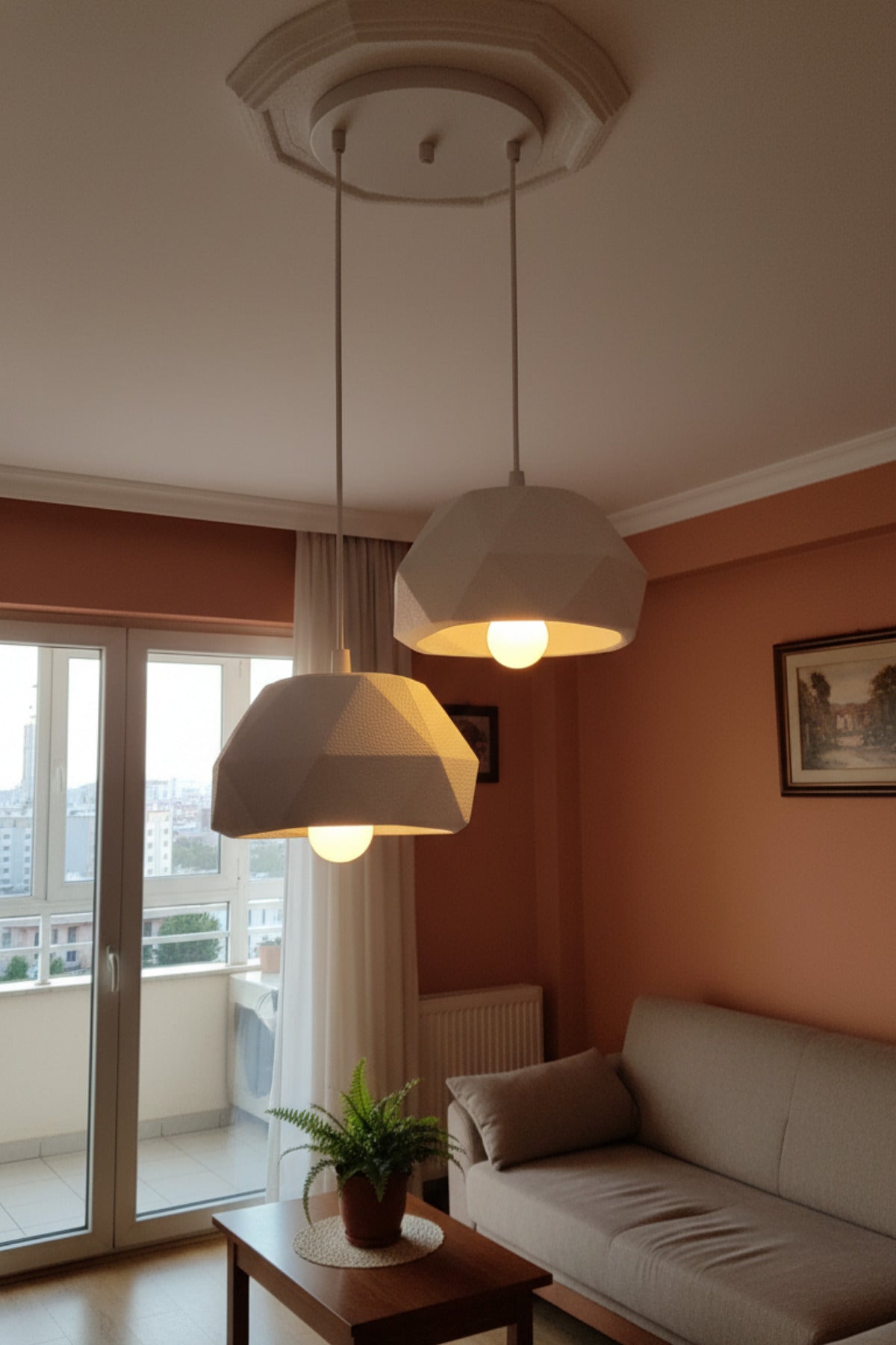 Beyaz 2 Li Geometrik Avize Salon PLA Dayanıklı Dekoratif Sarkıt Aydınlatma Ayarlanabilir Kablo