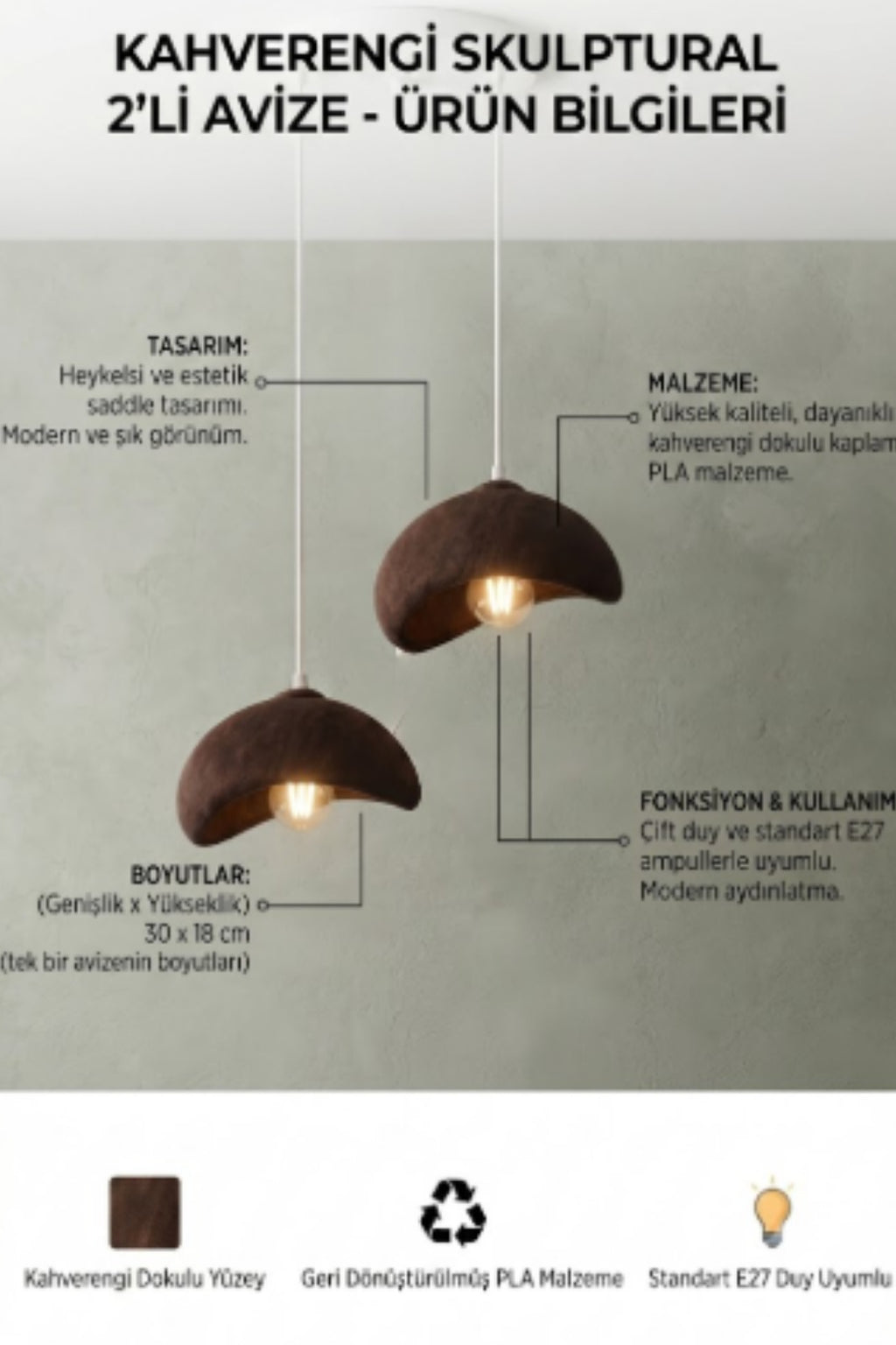 2'li Beton Görünümlü Avize 30x18 cm PLA Modern Aydınlatma ve Şık Dekoratif Sarkıt