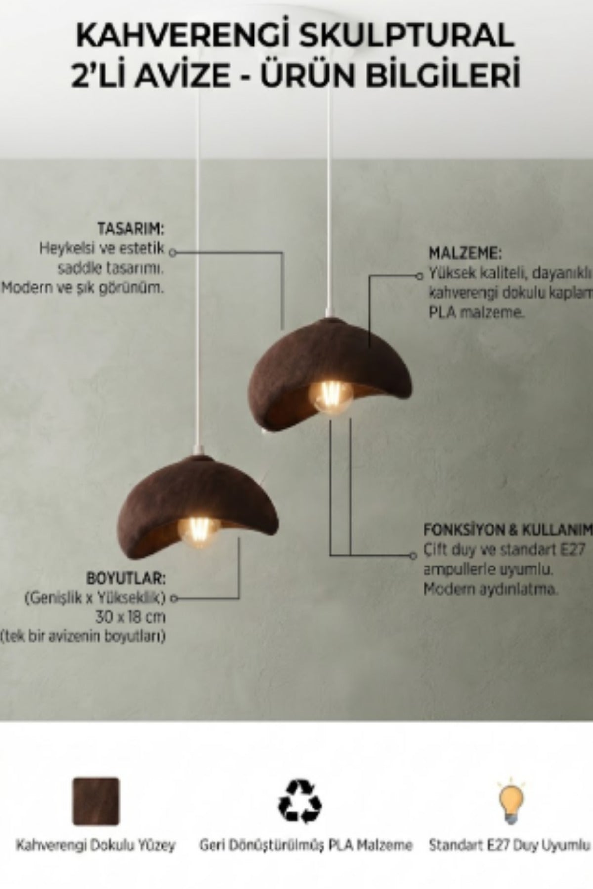 2'li Beton Görünümlü Avize 30x18 cm PLA Modern Aydınlatma ve Şık Dekoratif Sarkıt