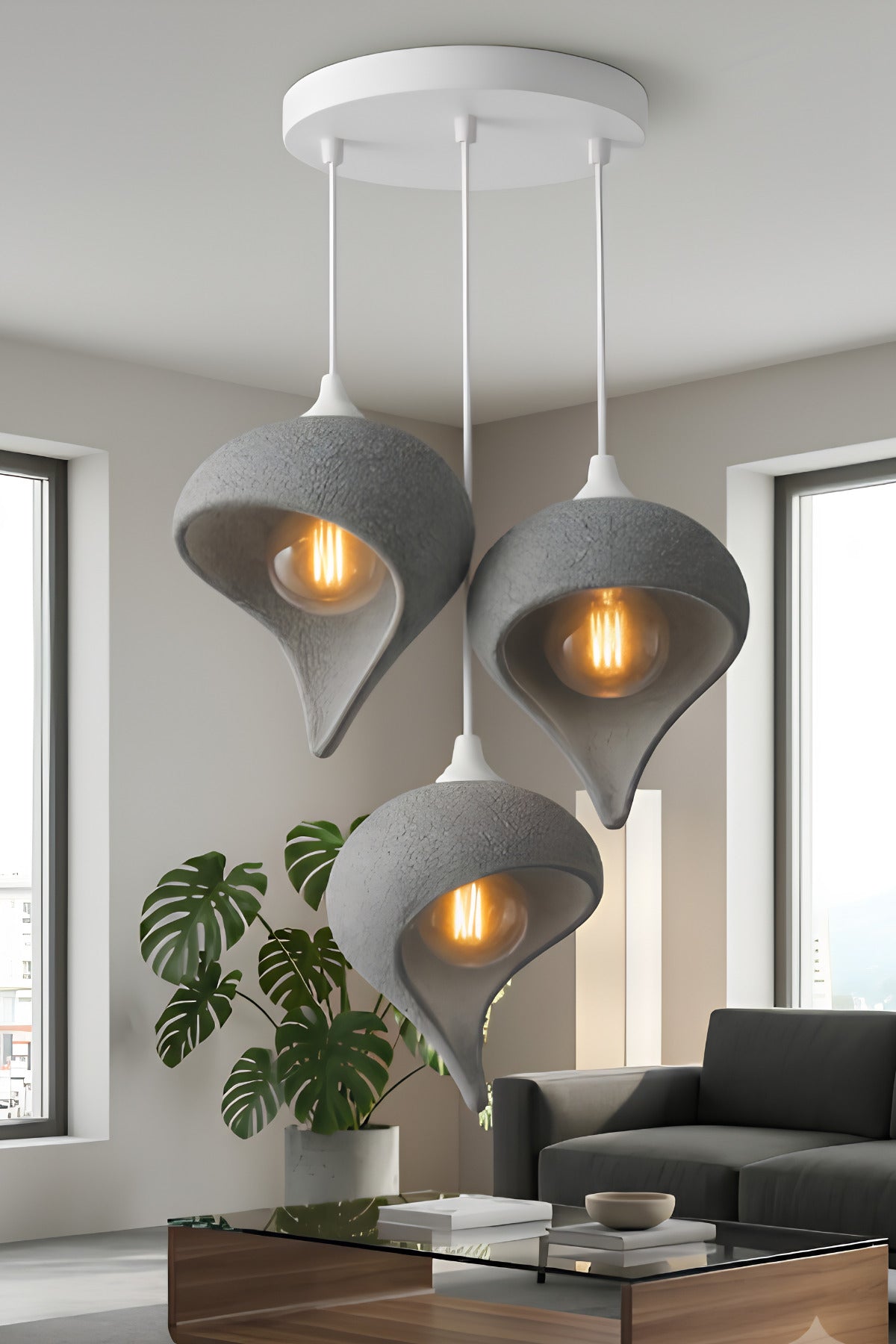 Beton Görünümlü Damla 3'lü Avize 30x22cm PLA Modern Sarkıt Ayarlanabilir Avize