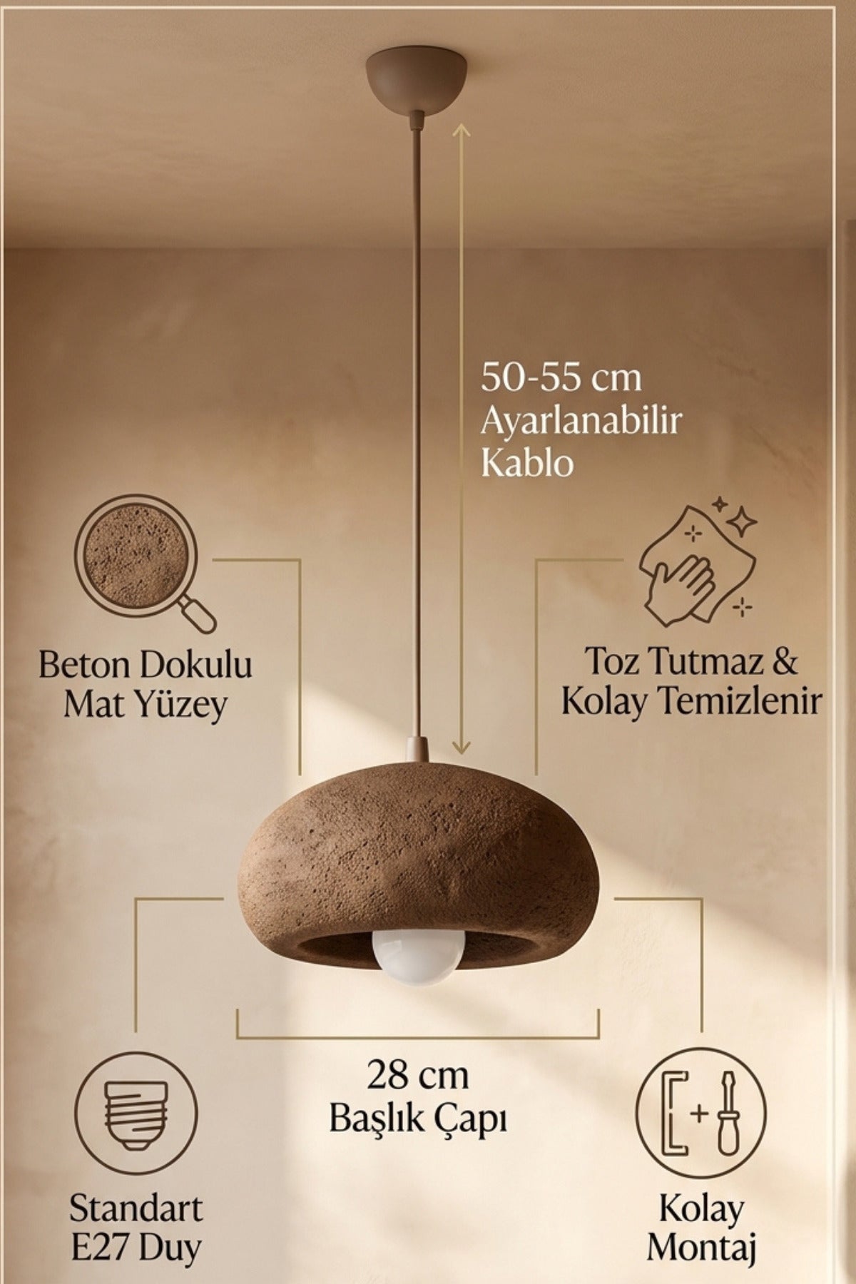 Yuvarlak Küre Tasarım Tekli Sarkıt Avize 28 cm Ayarlanabilir Kablolu Beton Dokulu Toz Tutmaz Modern Avize Salon ve Yatak Odası Aydınlatması - Görsel 4