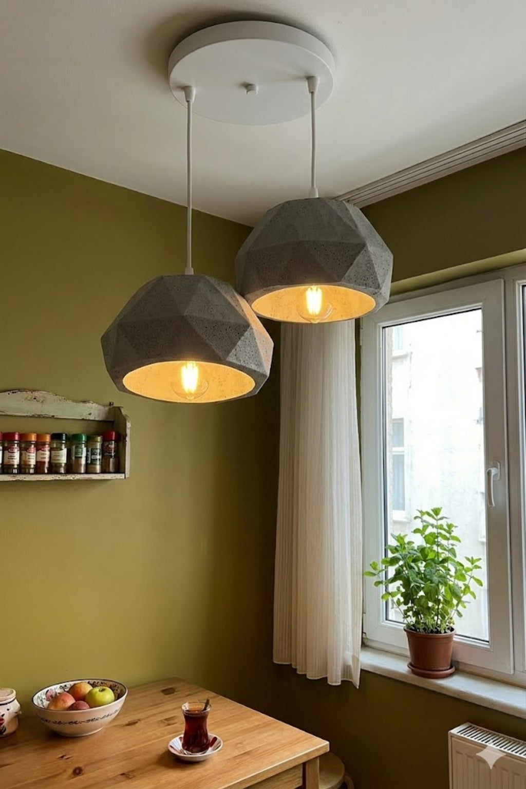 Gri 2 Li Geometrik Avize Salon PLA Dayanıklı Dekoratif Sarkıt Aydınlatma Ayarlanabilir Kablo
